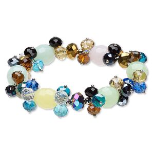 Bracelet, stretch, acrylic and glass, multicolored, 17mm wide with rondelle and oval, 7-1/2 inches. Sold individually.
