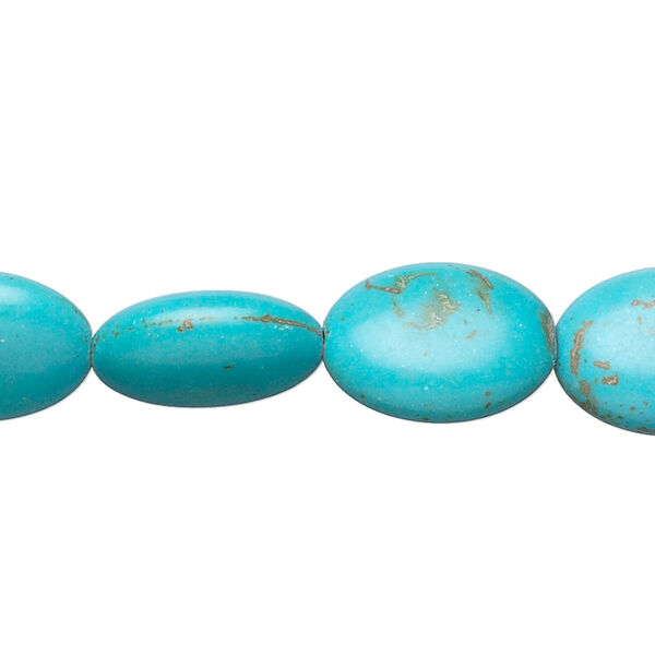 Bead, magnesite (dyed / stabilized), teal, 15x12mm-16x12mm puffed oval, C- grade, Mohs hardness 3-1/2 to 4. Sold per 15-inch strand. image number 0