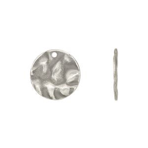 Drop, antique silver-plated steel, 15mm textured flat round. Sold per pkg of 50.