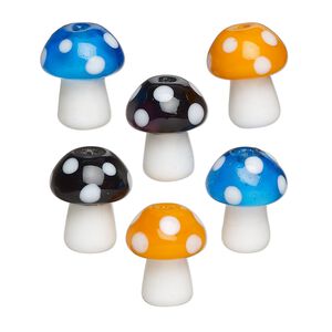 Bead assortment, lampworked glass, opaque white and blue / orange / black, 13.5x11mm mushroom. Sold per pkg of 6.