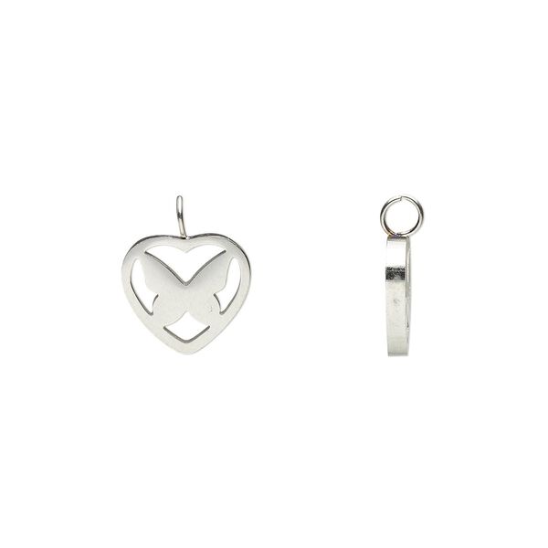 Charm, stainless steel, 9x8mm double-sided open heart with butterfly. Sold per pkg of 2. image number 0