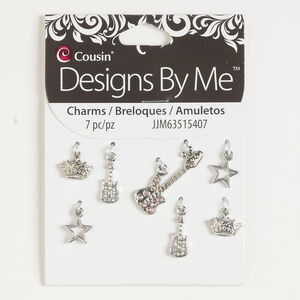 Charm assortment 1pkg7, silver-finished "pewter" (zinc-based alloy) and brass / acrylic, clear and pink, 12x10mm-29x19mm assorted shapes.
