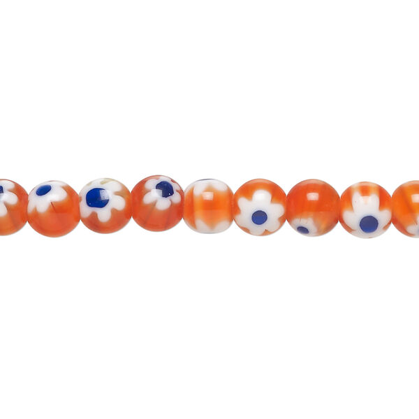 Bead, millefiori glass 1pkg1, translucent dark orange /  cobalt blue / white, 6mm round, 15 inches. image number 0