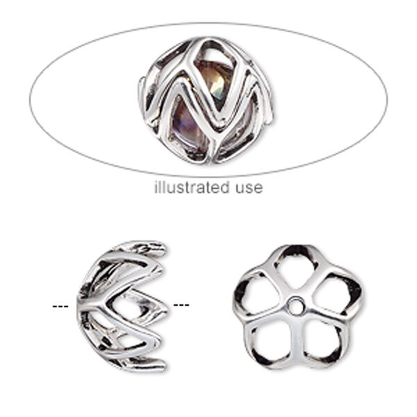 Bead cage, antique silver-plated "pewter" (zinc-based alloy), 14mm round with diamond cutout design, fits up to 10mm bead. Sold per 2-piece set. image number 0