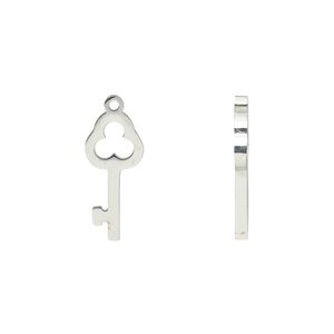 Charm, stainless steel, 16x7mm double-sided key. Sold per pkg of 2.