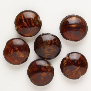 Bead, lampworked glass, opaque brown with copper-colored glitter, 25-28mm puffed flat round with swirl design. Sold per pkg of 6.