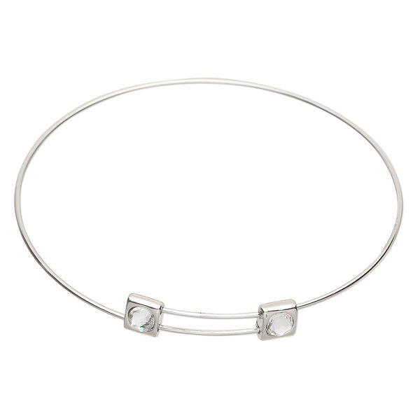 Bracelet, steel and glass, pkg/1, 7-1/2-inch bangle, silver finish and clear. image number 0