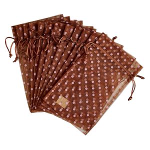 Pouch, organza, brown and pink, 10x6 inches with dots pattern and drawstring closure. Sold per pkg of 12.