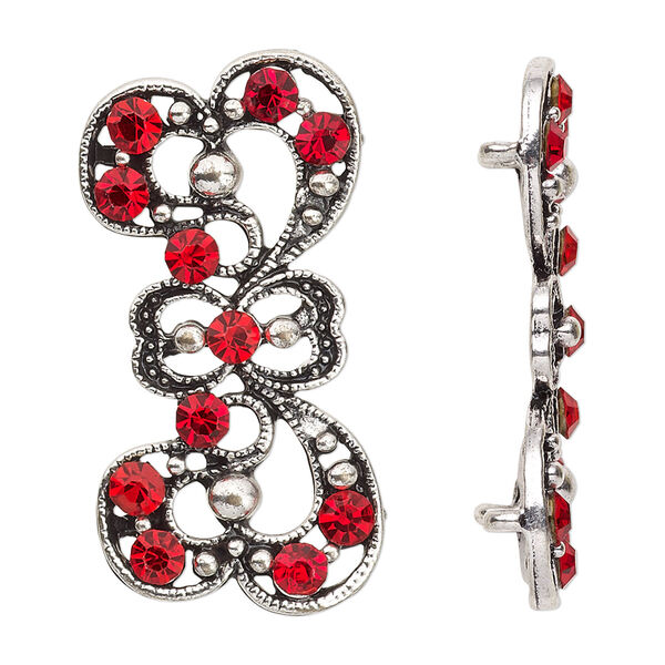 Spacer, antiqued silver-finished "pewter" (zinc-based alloy) and Czech glass rhinestone, light Siam, 37x17mm 2-strand fancy bow. Sold per pkg of 4. image number 0