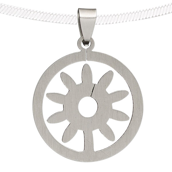 Pendant, stainless steel, 35mm round with cutout flower. Sold individually. image number 0