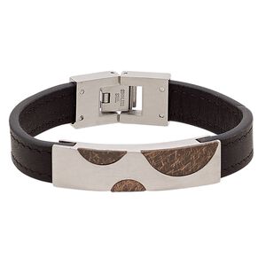 Bracelet, leather (dyed) with stainless steel and antiqued copper, black, 13mm wide with scratched design and 45x13mm curved rectangle with half circle design, 6-1/2 inches with fold-over clasp. Sold individually.