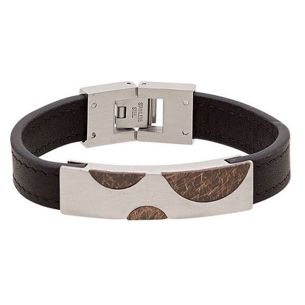 Bracelet, leather (dyed) with stainless steel and antiqued copper, black, 13mm wide with scratched design and 45x13mm curved rectangle with half circle design, 6-1/2 inches with fold-over clasp. Sold individually. image number 0