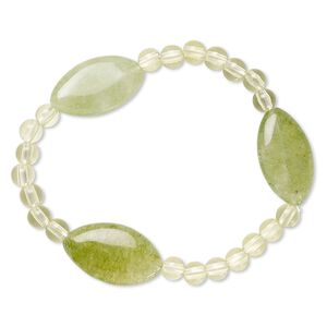 Bracelet, stretch, quartz (dyed) and acrylic, green and light yellow-green, 5mm round and 24x14mm-25x15mm puffed marquise, 6-1/2 inches. Sold individually.