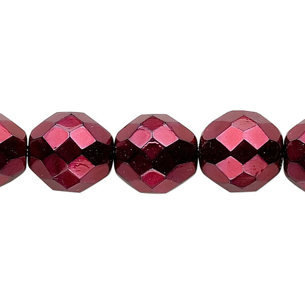 Bead, Czech fire-polished glass, pkg/15-1/2 to 16 inches, 12mm faceted round, opaque red carmen, (23980-70499). image number 0