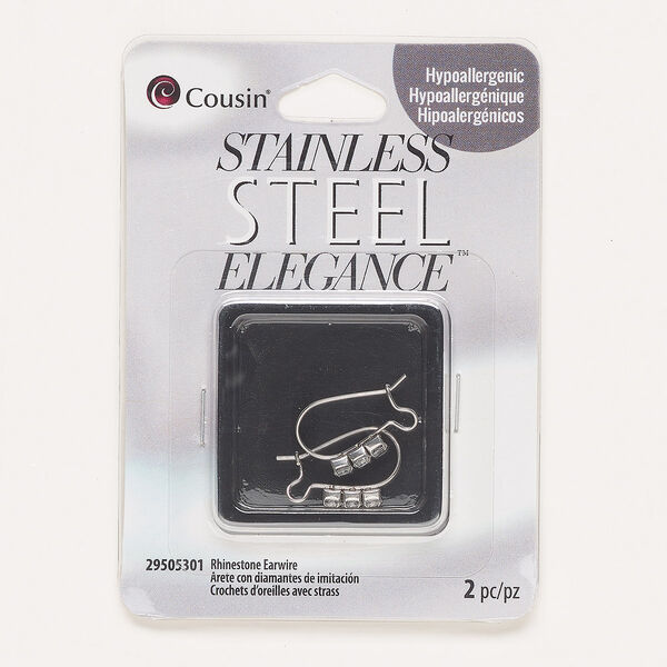 Ear wire, stainless steel and glass rhinestone, 19mm kidney with open loop, 21 gauge. Sold per pair. image number 0