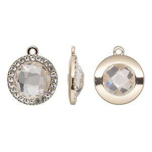 Drop, glass / glass rhinestone / gold-finished "pewter" (zinc-based alloy), transparent clear, 19mm single-sided round. Sold per pkg of 2.