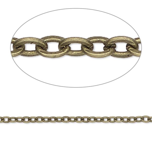 Chain, antique brass-plated steel, 2mm flat cable. Sold per pkg of 5 feet. image number 0