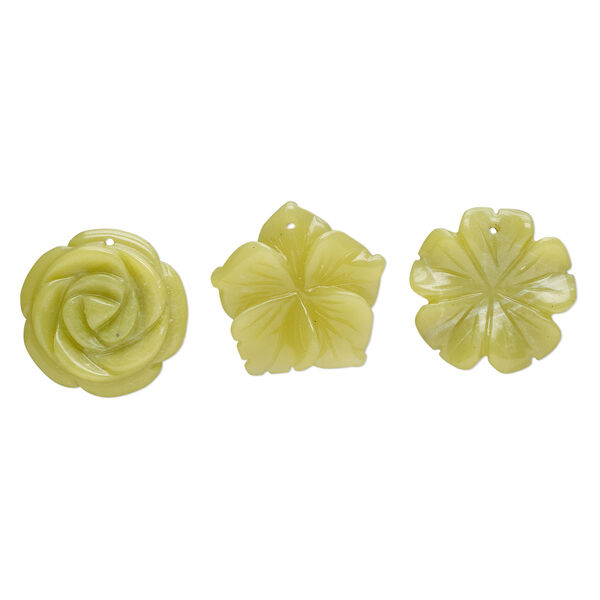 Serpentine 1pkg3, top-drilled carved flower drop natural mix 25x30mm-31x30mm image number 0