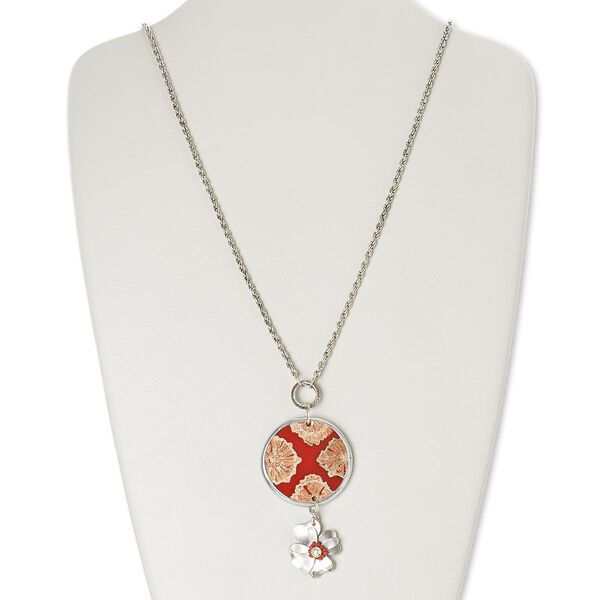 Necklace, wood (dyed) / resin / antiqued silver-finished brass / steel, red, 3-1/2 inch dangle with 42mm flat round, 27 inches with 2-inch extender chain and lobster claw clasp. Sold individually. image number 0