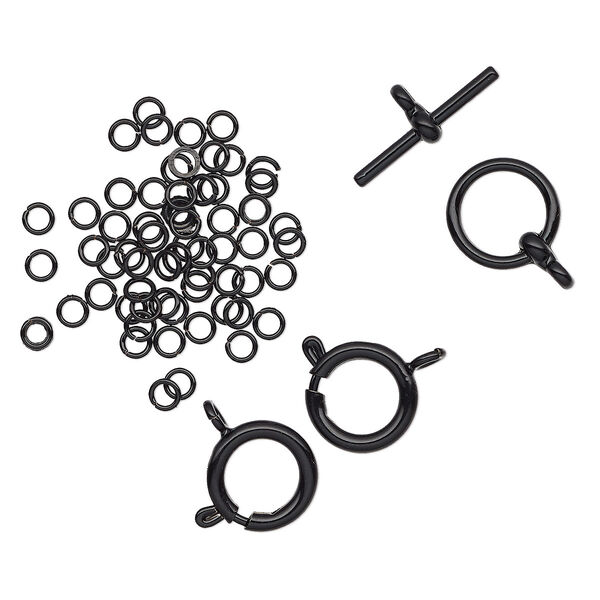 Jump ring and clasp, black-finished "pewter" (zinc-based alloy), 3.5mm 22-gauge round / 12mm round toggle / 12mm springring. Sold per pkg of 63. image number 0