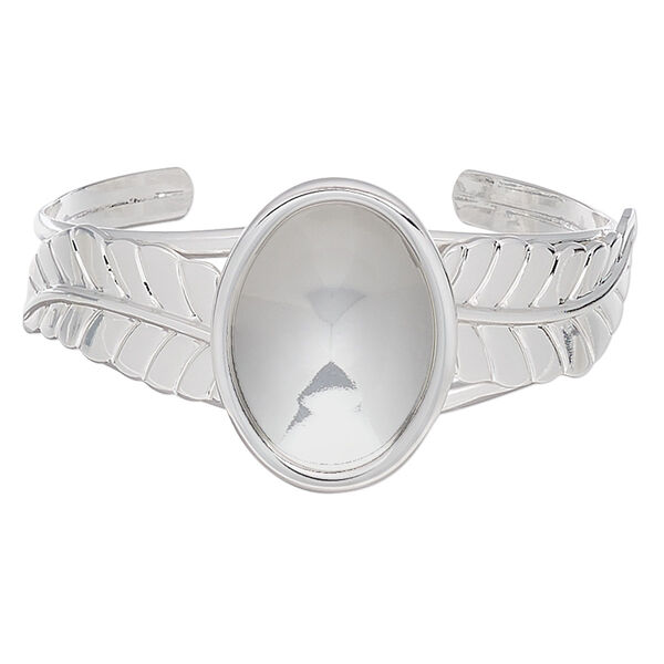 Bracelet, Almost Instant Jewelry®, cuff, silver-plated brass / steel / "pewter" (zinc-based alloy), 35mm wide with 63x35mm feather and 30x22mm oval setting, adjustable. Sold individually. image number 0