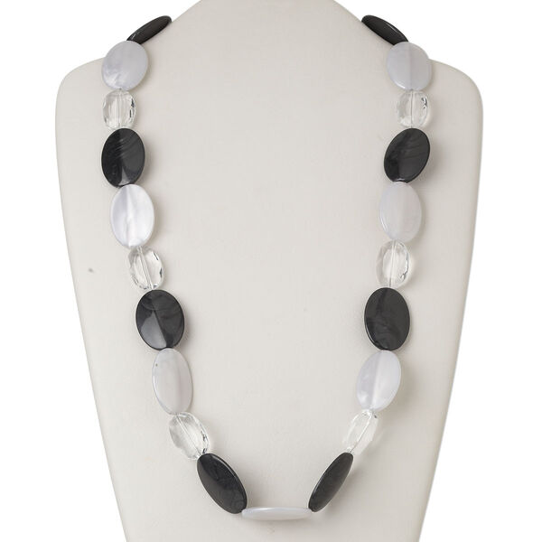 Necklace, acrylic / imitation leather / silver-finished steel, white / clear / black, oval, 40-inch continuous loop. Sold individually. image number 0