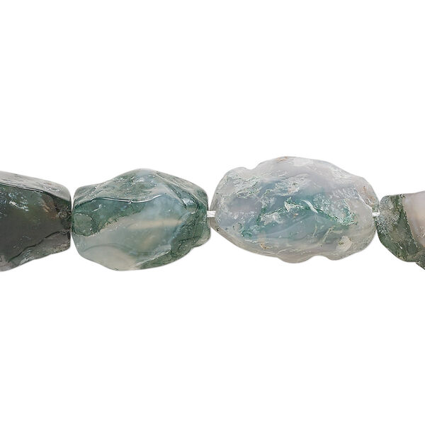Bead, moss agate (natural), medium to large 3-sided hand-knapped nugget, Mohs hardness 6-1/2 to 7. Sold per 15-1/2" to 16" strand. image number 0