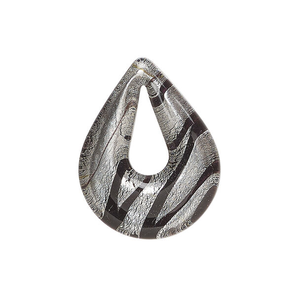 Drop, lampworked glass 1pkg1, opaque black and clear with copper-colored glitter and silver-colored foil, 27x21mm-28x21mm undrilled single-sided teardrop go-go. image number 1