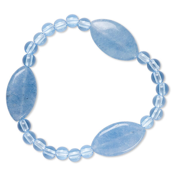 Bracelet, stretch, quartz (dyed) and acrylic, blue, 5mm round and 24x14mm-25x14mm flat marquise, 6-1/2 inches. Sold individually. image number 0