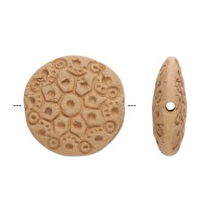 Bead, terra cotta, 22-24mm puffed round with flower design. Sold per pkg of 2.