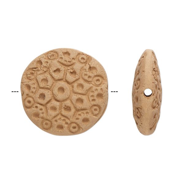 Bead, terra cotta, 22-24mm puffed round with flower design. Sold per pkg of 2. image number 0