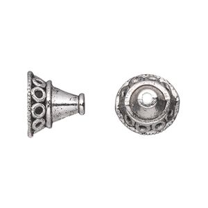 Cone, antique silver-plated "pewter" (zinc-based alloy), 14x12mm with circles, 10mm inside diameter. Sold per pkg of 10.