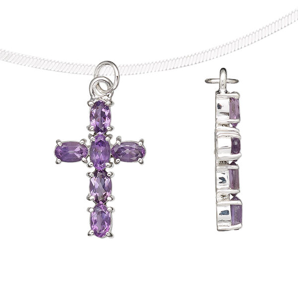Pendant, amethyst (natural) and sterling silver, 21x14mm cross with 5x4mm faceted oval. Sold individually. image number 0