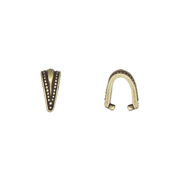 Bail, TierraCast®, ice-pick, antique brass-plated pewter (tin-based alloy), 10x5mm with beaded border, 7mm grip length. Sold per pkg of 2. image number 0