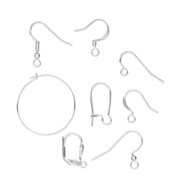 Ear wire mix, silver-plated brass and steel, 14-24.5mm mixed style, 22-24 gauge. Sold per pkg of 50 pairs. image number 0