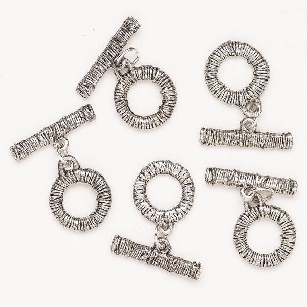 Clasp toggle steel 5pk 16mm wrapped round, antique silver finish image number 0