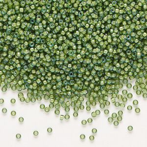 Seed bead, Miyuki, glass, pkg/35g, #15 rocaille, translucent white-lined luster light green, (RR-3764).