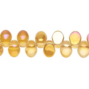 Bead, pressed glass, translucent orange AB, 8 x 6mm concave-back teardrop, top-drilled. Sold per 8-inch strand, approximately 55 beads.