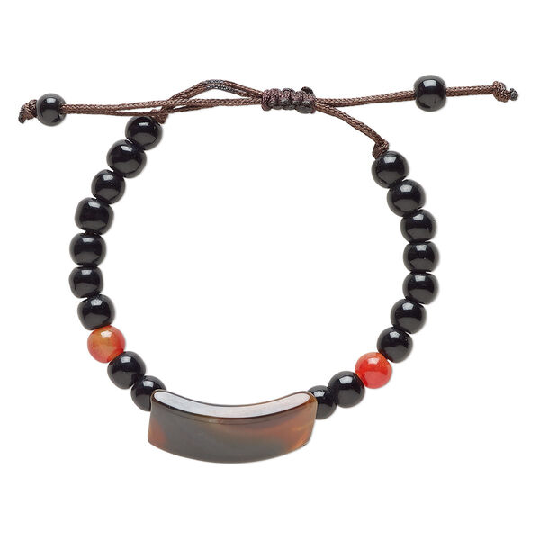 Red agate / glass / waxed cotton 1pkg1, curved rectangle bracelet adjustable 5-7.5 inch 14mm image number 0
