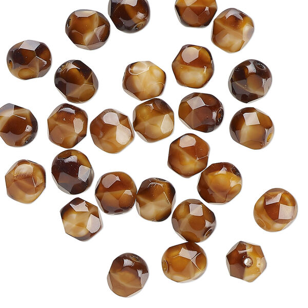 Bead, Czech glass, translucent multi-brown, 6mm faceted round with swirl design. Sold per pkg of 28. image number 0