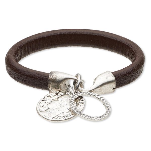 Bracelet, leather (dyed) / crystals / antique silver-finished "pewter" (zinc-based alloy), brown and clear, 10mm wide with 21mm round donut and 24mm round with coin design, 7 inches with hook-and-eye clasp. Sold individually. image number 0