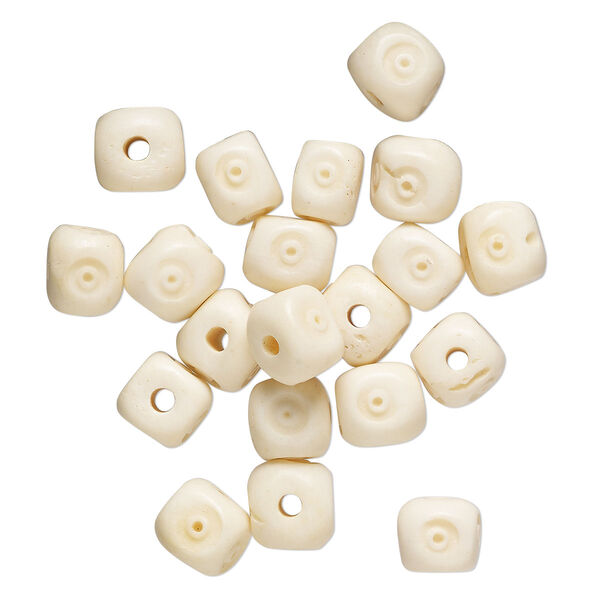 Bead, bone (bleached), antique white, 9-10mm cube, Mohs hardness 2-1/2. Sold per pkg of 20. image number 0