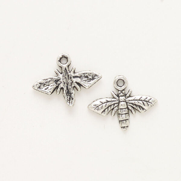 Charm, "pewter" (zinc-based alloy) and steel, pkg/2, antique silver finish, 17x10mm single-sided bee. image number 0
