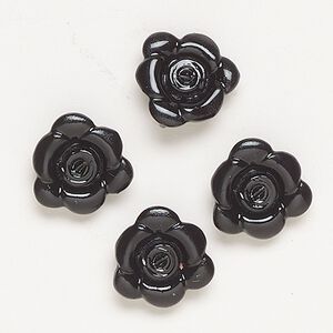Charm, "pewter" (zinc-based alloy) and enamel, pkg/4, black, 13-14mm flower with hidden loop.