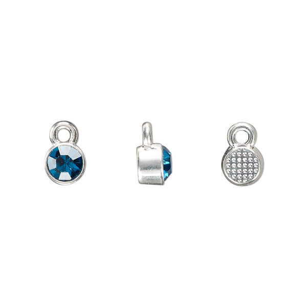 Drop, silver-finished "pewter" (zinc-based alloy) and glass rhinestone, zircon blue, 6mm faceted round, December birthstone. Sold per pkg of 10. image number 0