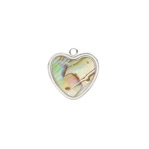 Charm, paua shell (assembled) / resin / imitation rhodium-finished brass, multicolored, 15x14mm double-sided heart. Sold per pkg of 2.