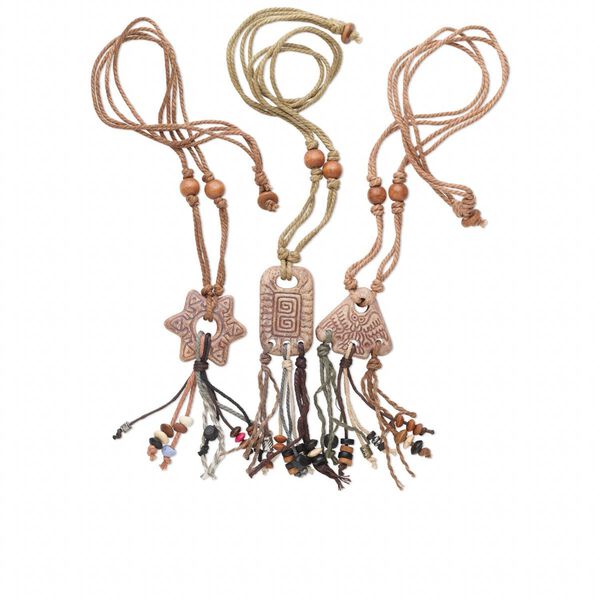 Necklace mix, ceramic, brown and multiple colors, mixed pendant sizes, 28-inches. Sold per pkg of 3. image number 0