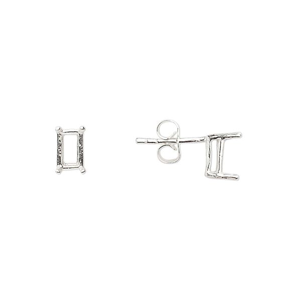 Earstud 1pkg2 Sure-Set™ sterling silver, 6x4mm emerald cut pre-notched 4-prong basket-style setting / earnuts, 1 pair image number 0