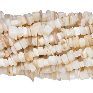 Bead, mother-of-pearl shell (bleached), small chip, Mohs hardness 3-1/2. Sold per pkg of (10) 34-inch strands.