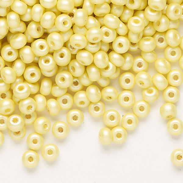 Seed bead, Preciosa Ornela Czech glass, pkg/50g, #6 rocaille, opaque PermaLux dyed yellow chalkwhite, (22001). image number 0